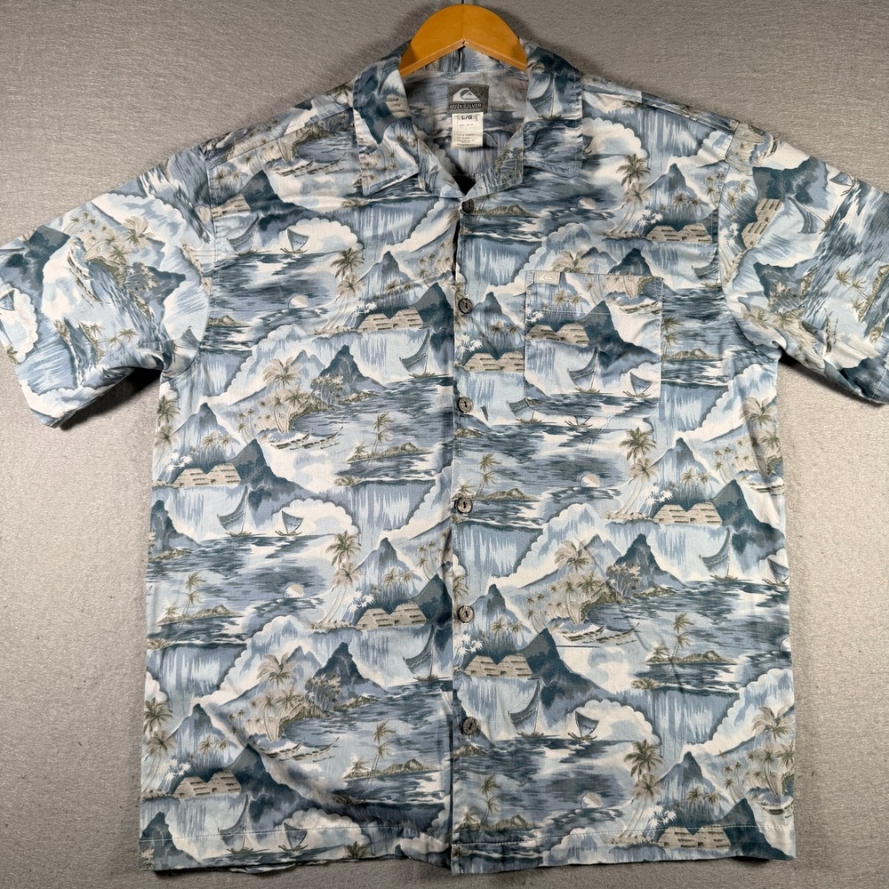 Vintage‎ Quiksilver Mens Island Scenic Print Cotton Button Down Shirt Blue Large